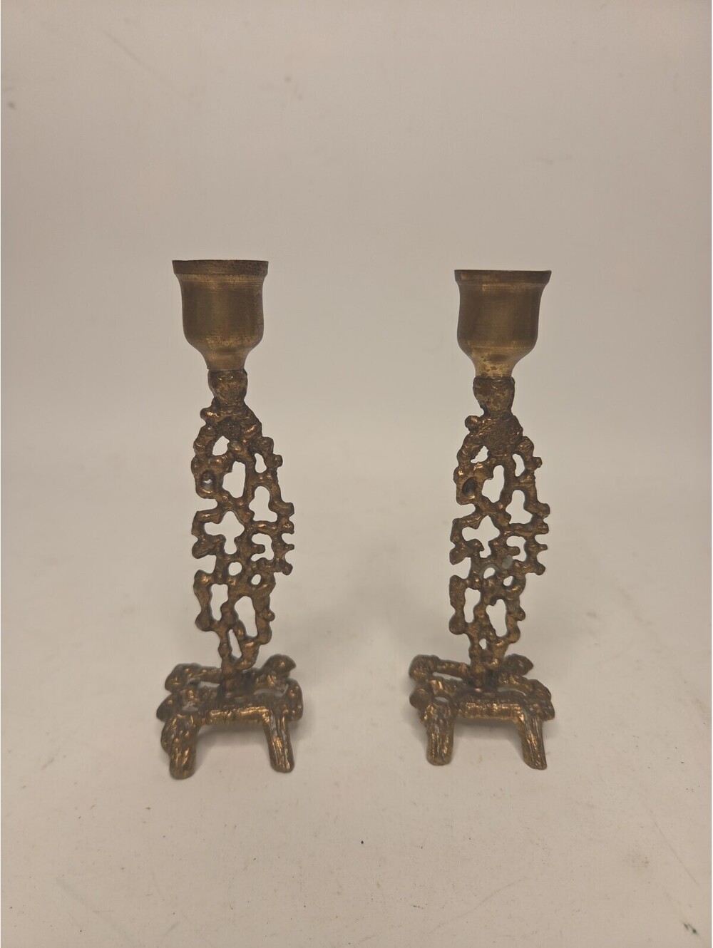 Pair of Vintage Israeli Shabbat Candlesticks Mid‑Century Brass Brutalist Style